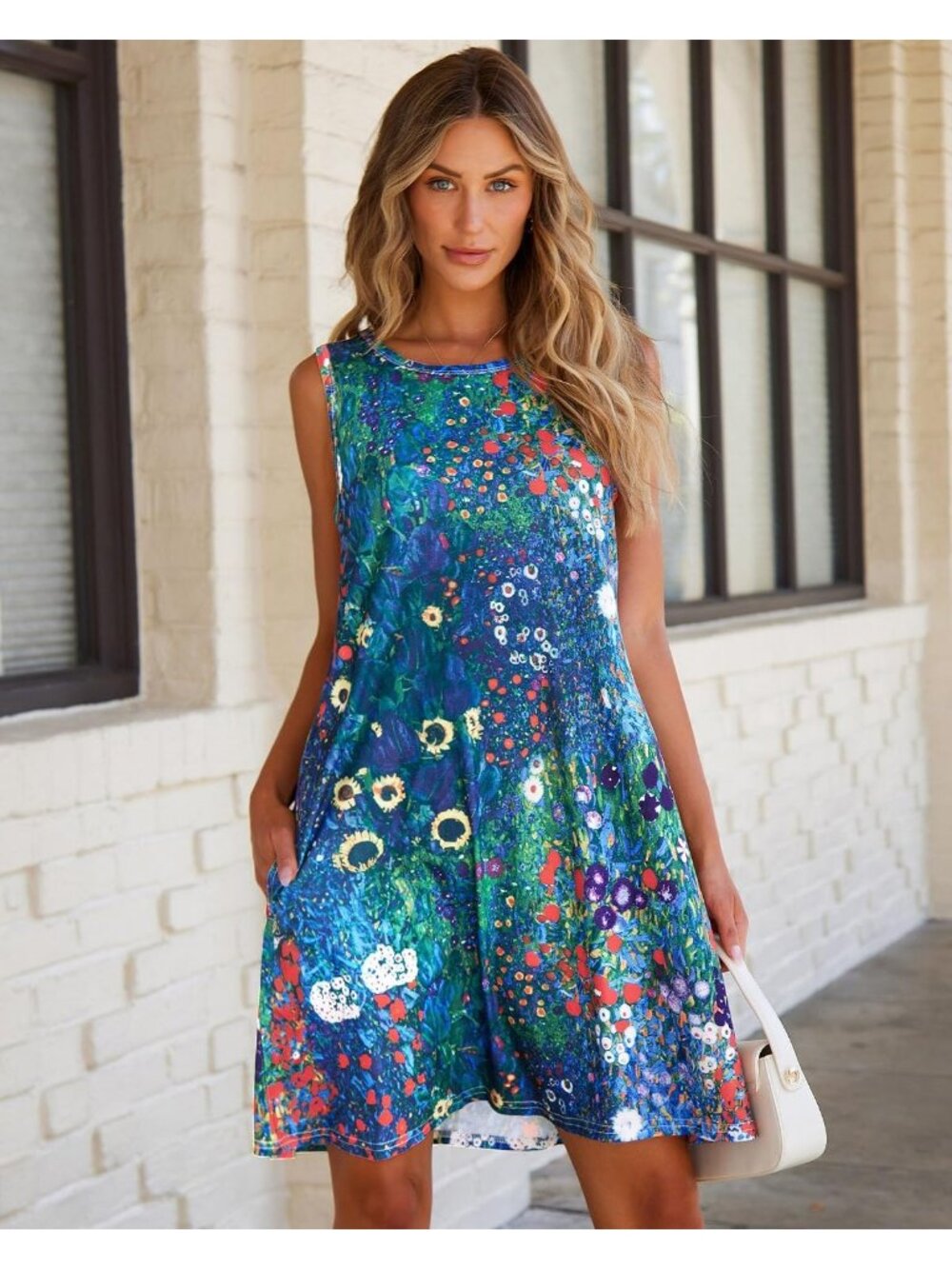 Women's Blue Floral Summer Dress Casual Sleeveless Tank Loose Sundress Pockets - Picture 2 of 6